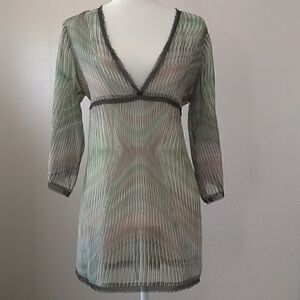 ‎Cabi Stripe Dress Sheer V-neck Green Tunic Tie Waist, Size Medium